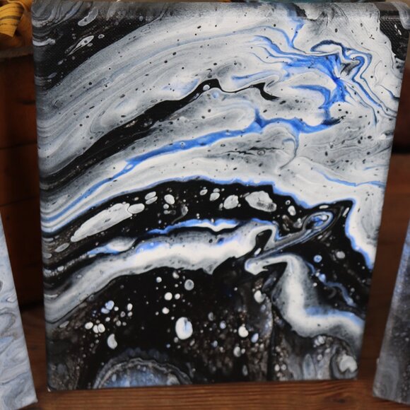 Set of Three Canvas Paintings * Set * Paint Pour * Blue / Black / White / Gray - Picture 4 of 7